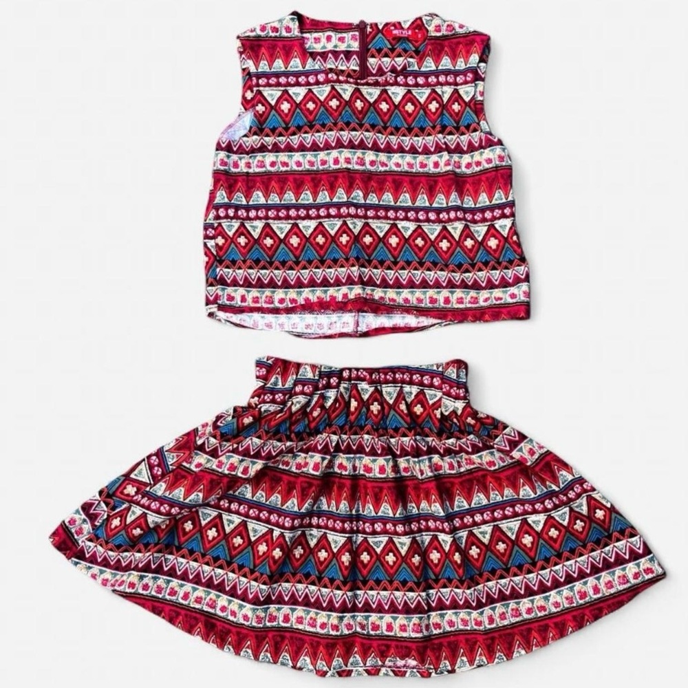 🇰🇷 HSTYLE Geometric Retro Two-Piece Skirt Cropped Top Set Boho Whimsygoth S
